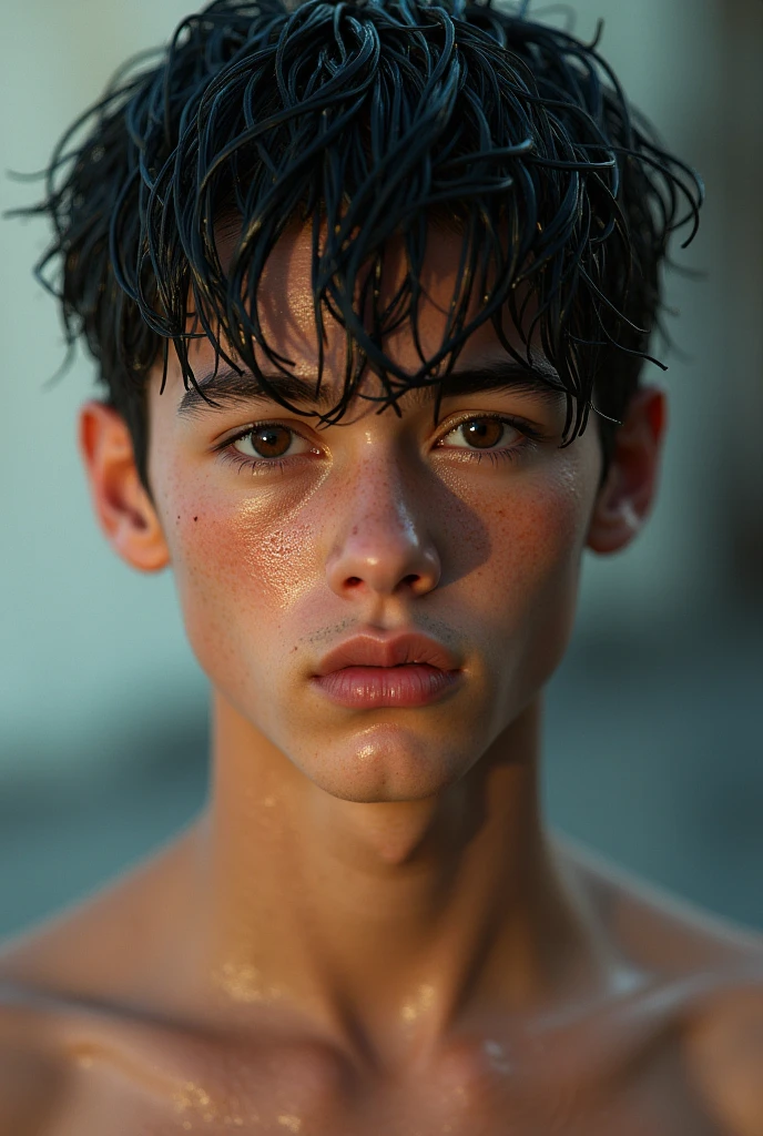 Create a hyperrealistic portrait of a young, handsome teenage boy with wet hair, water droplets clinging to his face and neck. His skin glistens with moisture, highlighting his sharp jawline and defined facial features. His expression is intense, with every detail—such as individual strands of wet hair, pores, and tiny water droplets—rendered with extreme realism. The background is softly blurred, ensuring all attention is on the intricate details of his face and the way the water interacts with his skin. The lighting subtly accentuates the wetness, giving the image a dynamic and lifelike feel."