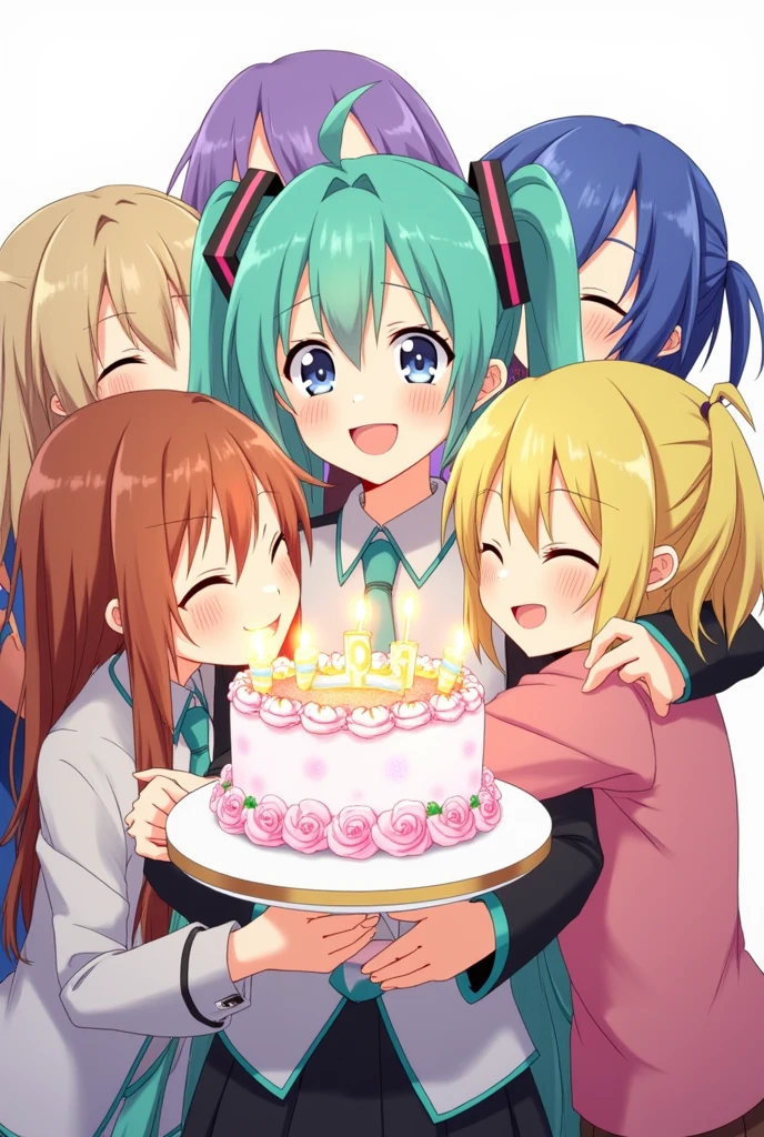 Hatsune Miku, Kagamine Len, Kagamine Rin, Kaito, Meiko, Megurine Luka, all together hugging Hatsune Miku, Miku holding a birthday cake, everyone happy, party,Obra-prima, Anatomicamente correto, Melhor qualidade, Melhor qualidade, Detalhes altos, Melhor qualidade, Preciso, Alta resolução, Fundo simples, Brilho, Anime,