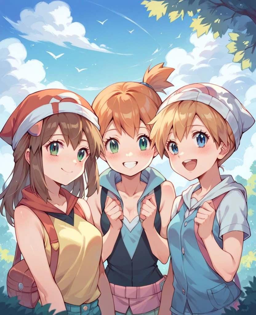 Character pokemon, Three girls , Misty , Dawn, May, together, smile , friends 