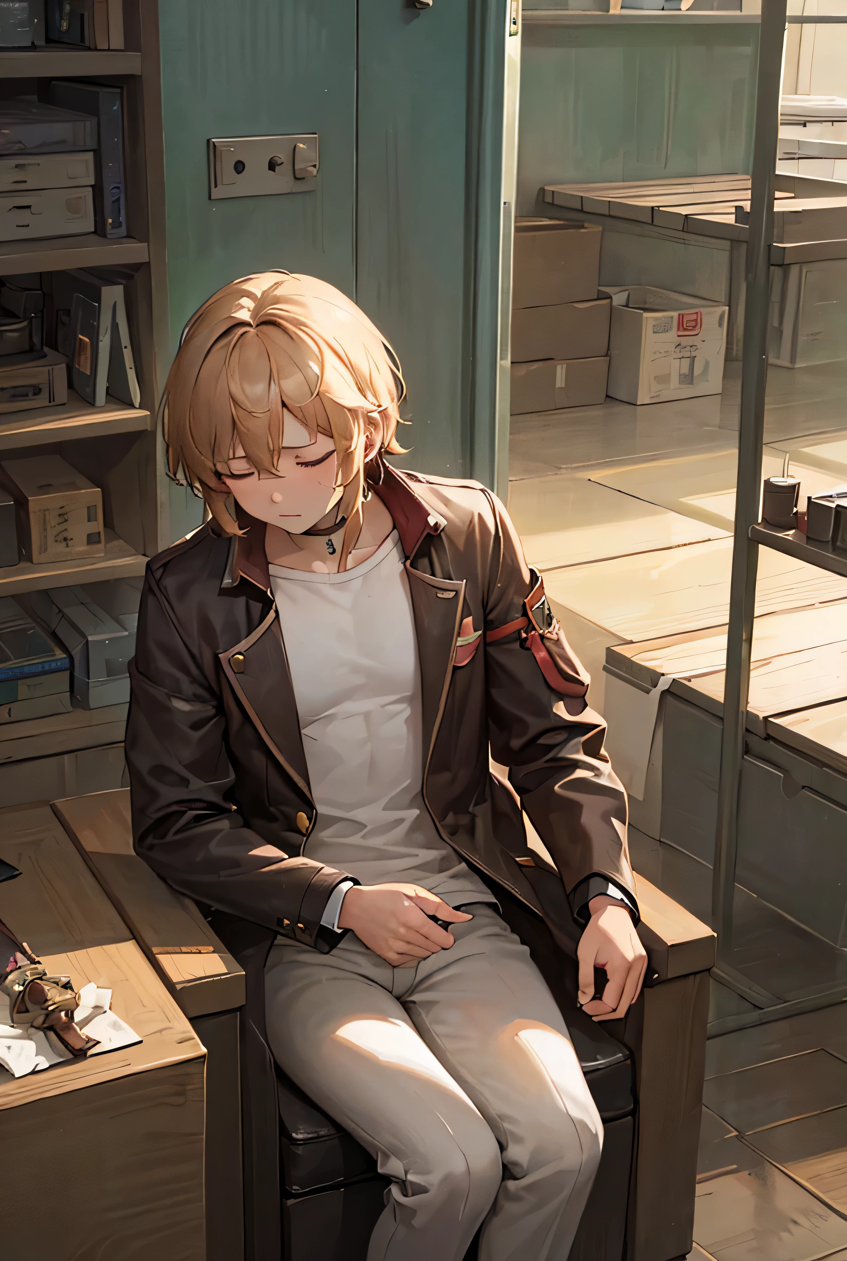a muscular man with short brown wavy hair, closed eyes and parted lips, masterpiece, precise, best quality, detailed, HD model, high details, quality, high quality, very detailed, UHD, textured skin, hair framing the face, gradient hair, closed mouth, closed eyes, sleepy, sad, covering eyes, unconscious, solitary, shaded, empty eyes, inexpressive, side view, symmetry, bandage, scarred eye, glowing light, animated, digital art, Ghibli color style, hyper detailed, icon art style, mosaic art, renaissance, soft lighting, slim body with defined muscles, unbuttoned and open shirt, black sweatpants