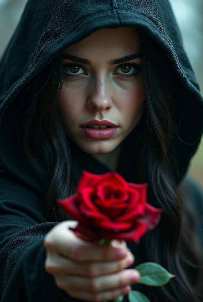 female witch , holding a thorny rose , closeup