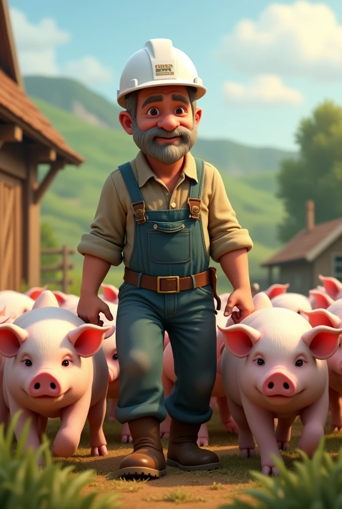 Engineer with white helmet raising pigs