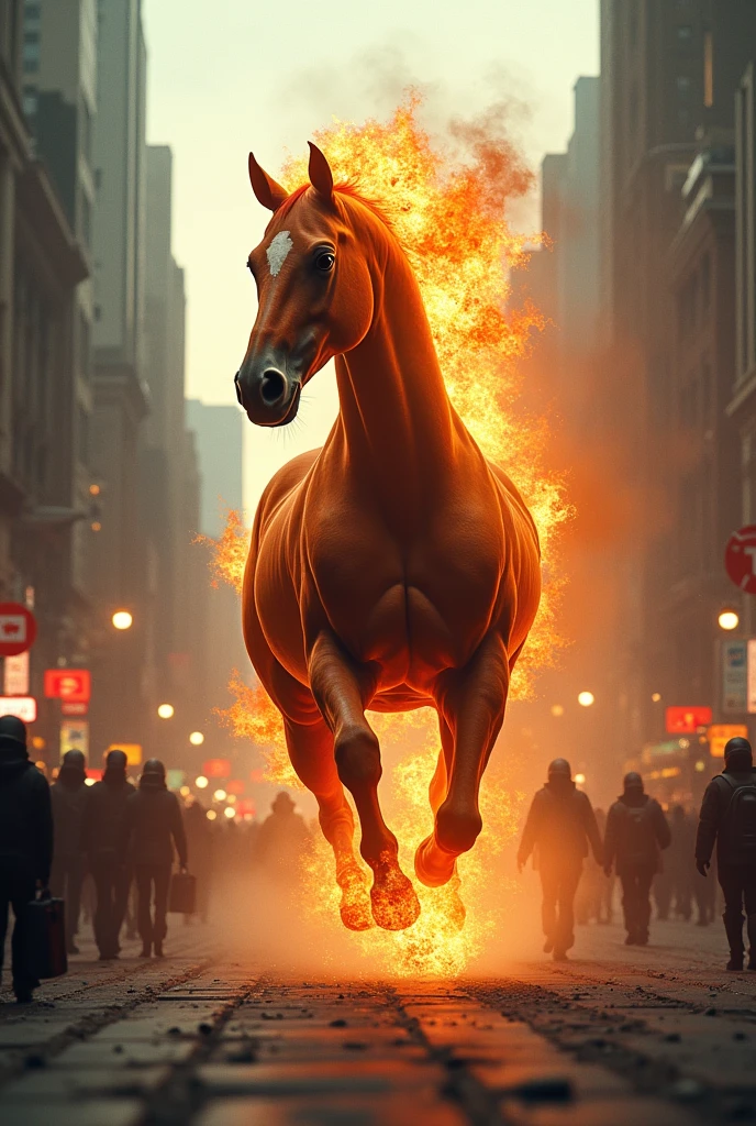 A headless horse with fire coming out of its neck running in the middle of a city. 真实感. hiper Realistic 