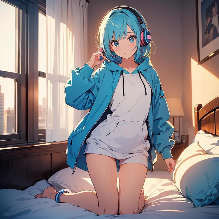(beautiful girl: 1.3)、One girl、masterpiece、Highest quality、Ultra-high resolution、Perfect Face、Highly detailed face、Detailed eyes、Attractive eyes、Eye for detail、Detailed skin、Perfectly shaped、Symmetrical face、 Rich contrast、80s Anime、Vintage Anime、super high quality、8k、Highly detailed textures、Unbelievably absurd、Highly detailed CG unit wallpaper、RAW Photos、Depth of written boundary、Super Fine、16K、uhd、Perfect Anatomy、Natural light、Cinematic Realism、Atmospheric lighting、Intricate details、Shadows in the movies、Cinema Lighting、In the room at home、Cute room、In the room there is a desk, a bed and a stuffed toy.、Outside the window is the city at night、Buildings、Night view、Beautiful sky(Great view 1.2)、Lots of shooting stars、Full body view、A big, roomy parka、Cyber Hoodie、Modern clothing、Realistic clothing、Pale emerald green hair、Medium Short Hair、A melancholic look、Dark、Dark shading、Dynamic Angle、Rainbow Headphones,Listening to music、