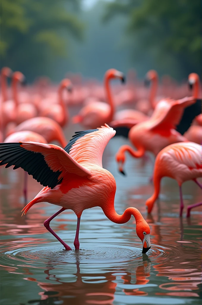 Image of many pink flamingos flapping in the water