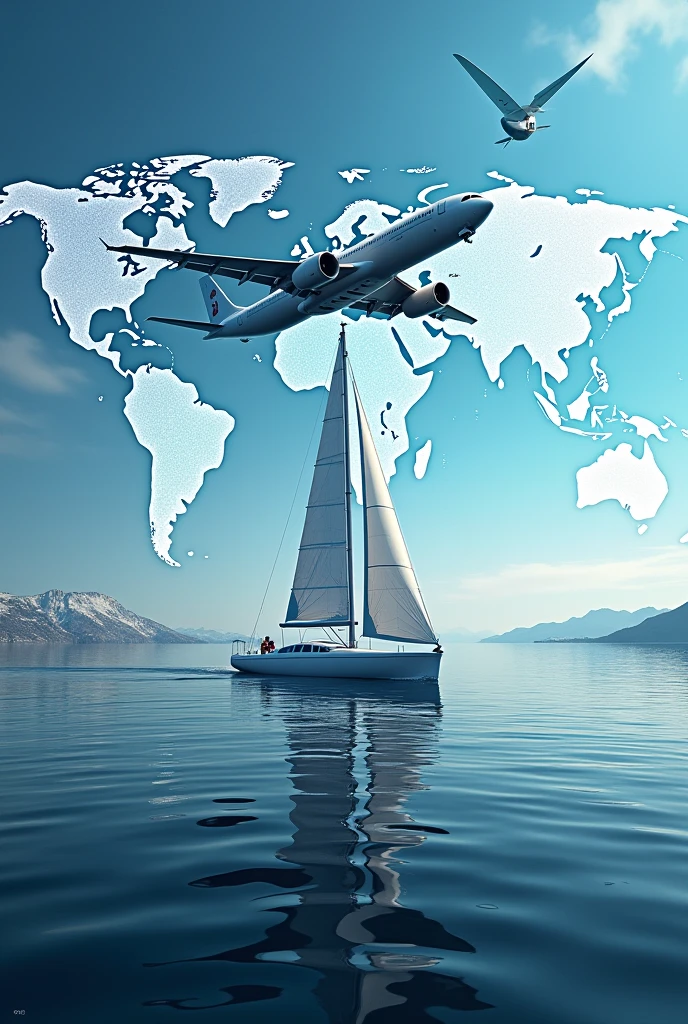 Image of a boat, an airplane and a GPS satellite in connection with a map