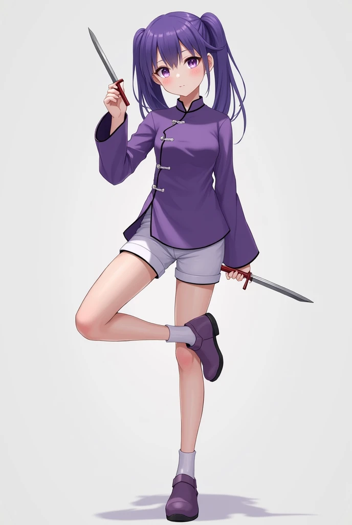 1 girl、solo、Staring at the audience、smile、Twin tails、Simple Background、Long sleeve、Holding a knife、Mouth closed、Are standing、Purple Hair、whole body、Chinese clothes、Raising his leg、Standing on one leg、Purple Chinese Dress、White shorts、Purple Shoes、No socks、Flat shoes，Acrobatics