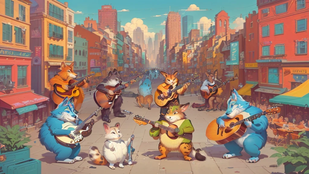 Poster for a band of animals playing music in the city, Animals on the Streets, Vivid cartoon art, Zootopia City, Joe Mangram, jazz, anthropomorphic fur art, fur art, Chill Hop, artwork, Furry fantasy art, Greg Rutkowski, Greg Rutkowski, Jason Benjamin, Craig Thompson