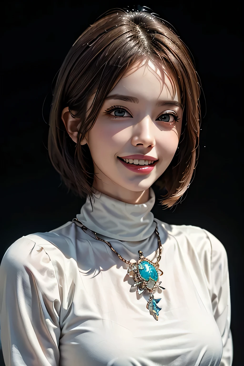 ((masterpiece)), ((Highest quality)), ((Complex)), ((Surreal)), (Realistic), (Mature Woman), ((No classes)), Very detailed, (1 female), Beautiful and exquisite, (Beautiful Teeth), Grin, Brunette bob hair, Brown eyes, ((Blue turtleneck)), (Upper Body), (background:none), Perfect Eyes, Captivating eyes, Looking at the audience