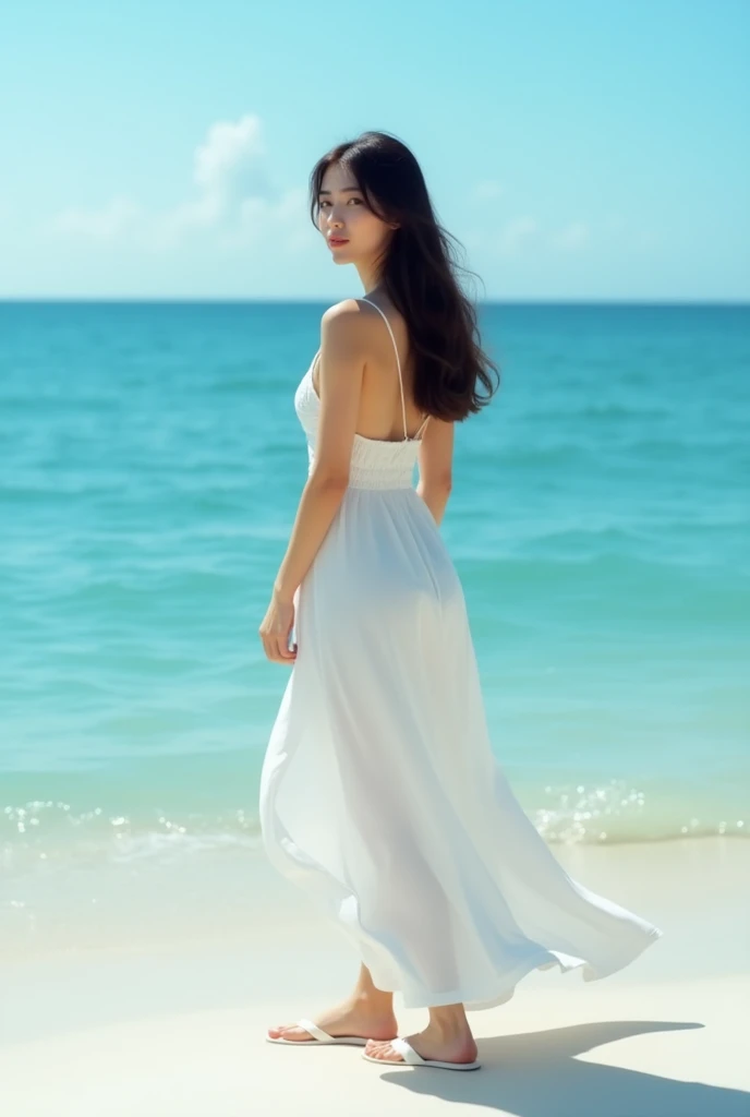 summer、afternoon、Beach、Blue sea、One Girl,White Dress,White flip-flops,Back。Take photos from behind without noticing, she have a hot Hourglass figure Delicate face, beauty的女人, , Delicate face, masterpiece, style, Ultra-detailed and realistic 8k exquisite model, Long hair, Hourglass figure, Athlete's physique,, Sexy, Reality.((Top quality, 8K, masterpiece:1.3)) , Intricate details, jiangshi girl costume, Female in her 20s traveling alone, (Sinister atmosphere),(Weird Lights), (Huge breasts: 1.5), beauty