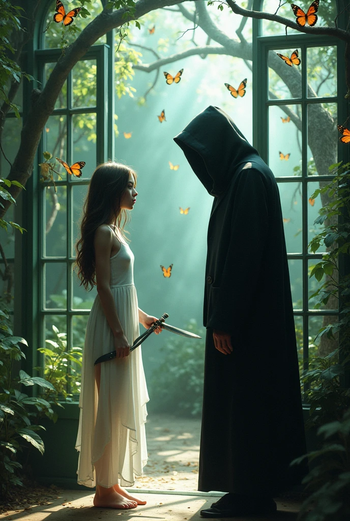 Create an image with two boys inside a butterfly house. The boy has a black suit, He has his face covered and is holding the door. The girl is wearing a white nightgown and butterflies are flying around her both. more realistic. The boy and the girl are adults and they are facing each other but they are separated and the boy is wearing a black suit covered from head to toe. More separated. The girl has a dagger in her hand. El chico es blanco y tiene tapada la cara More separated la chica con el cabello suelto. Let the girl grab the dagger. More separated. MORE BUTTERFLIES. THE GIRL IS WITHOUT SHOES AND THE BOY HAS HIS FACE COVERED WITH A. hood 