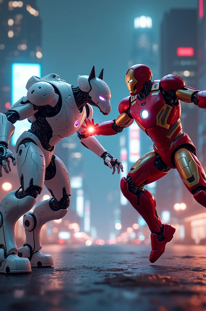A dog robot in white armor and fighting with iron man in city night nad blew neno light