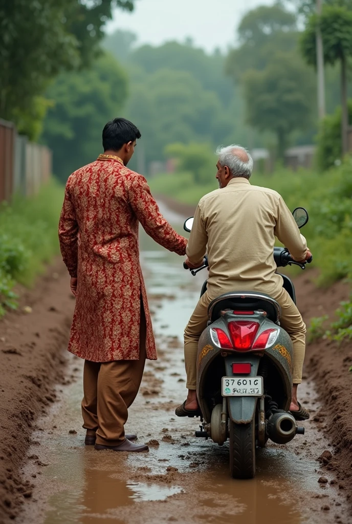 Ek uncle hai jinka scooter kichad mein fas Gaya hai unki help ladka Karta hai jisne shaadi ki sherwani pahani hai aur chehra lagaya hua hai back image