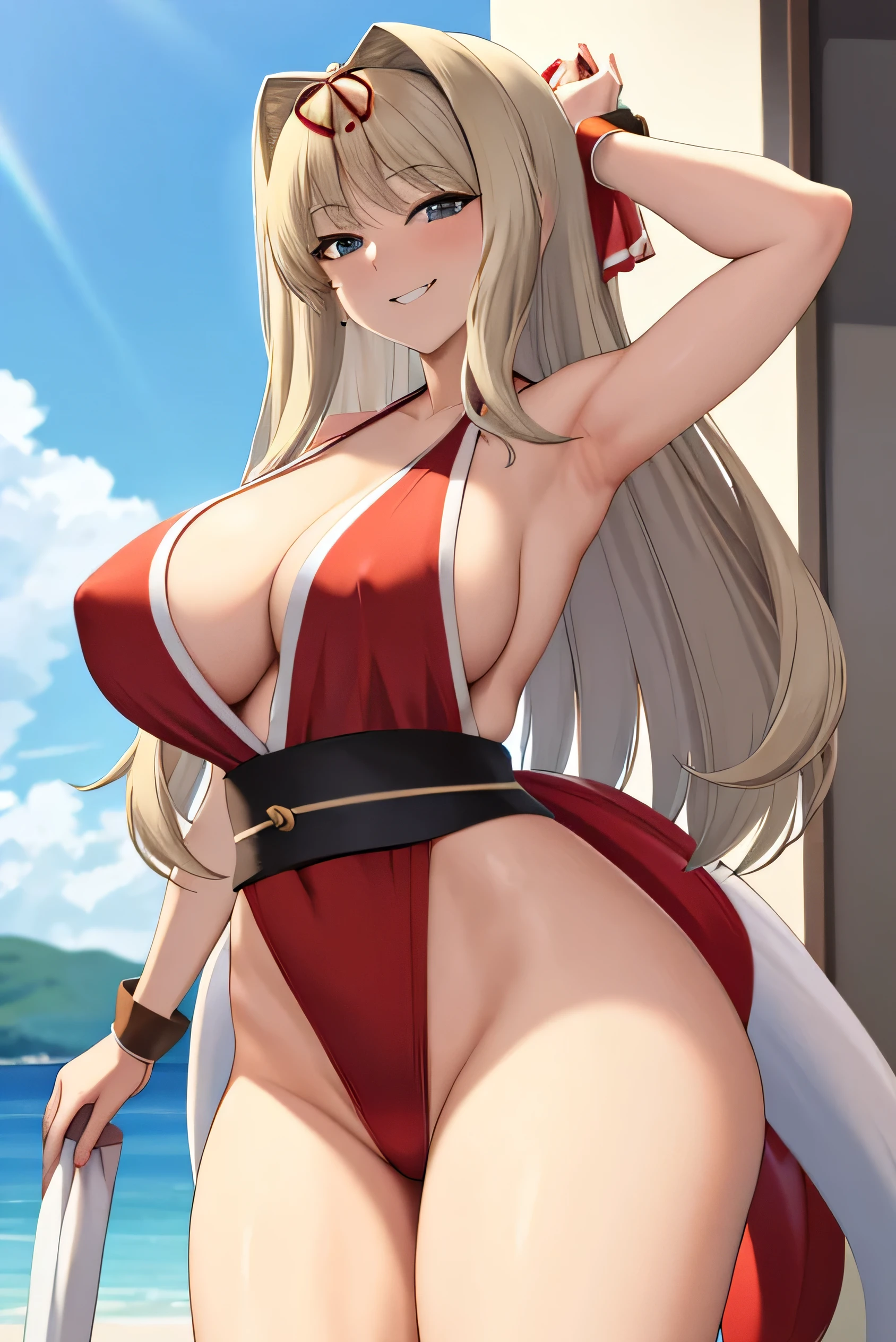 masterpiece, best quality, beautiful art, high resolution, well formed hands, body and fingers, 1 woman, solo, Sasara Kusugawa, blonde, grown up, cosplaying as Mai Shiranui , mai_shiranui_cosplay, adult, large and round breasted, cleavage full body picture , hair ribbon, gorgeous legs and, thighs, sexy Japanese clothes, hair ornament , sexy legs , hips and thighs, dancing seductively and erotically, turning backwards and forwards, showing her back and front, showing her butt, red t back thong, smiling joyfully, sweating ,looking at the viewer, flirting, biting her lips, beach environment