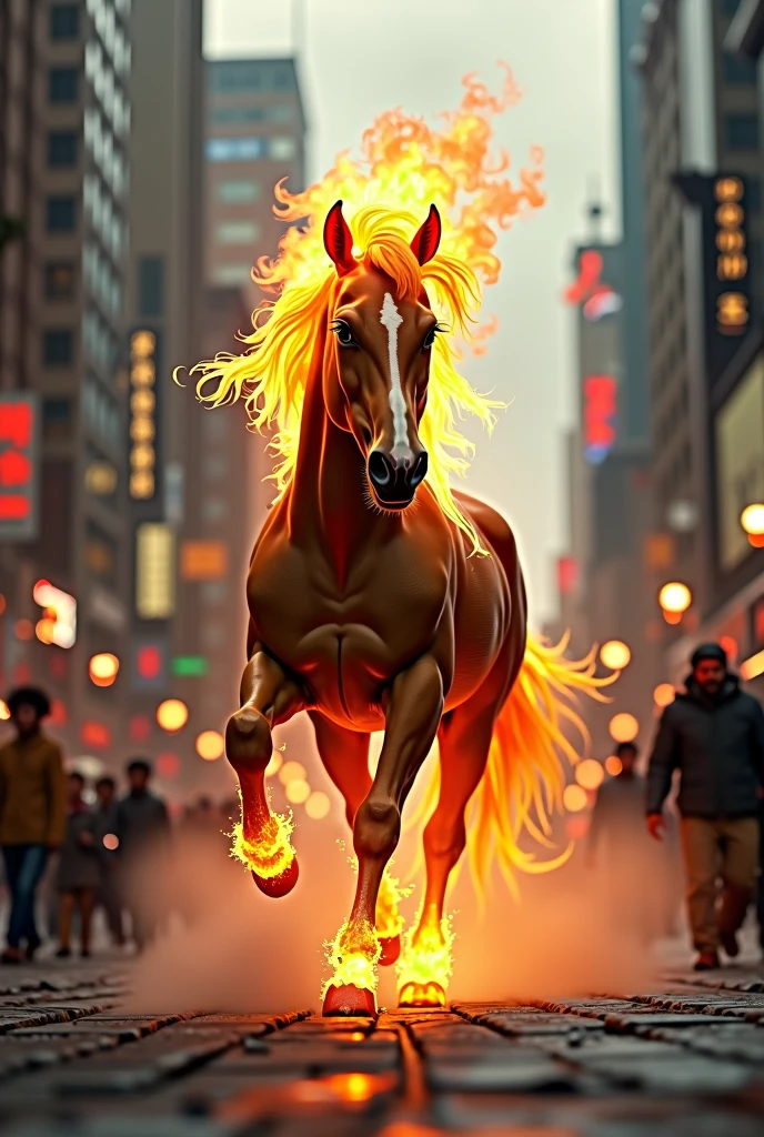 A headless horse with fire coming out of its neck running in the middle of a city. Reality. hiper Realistic 