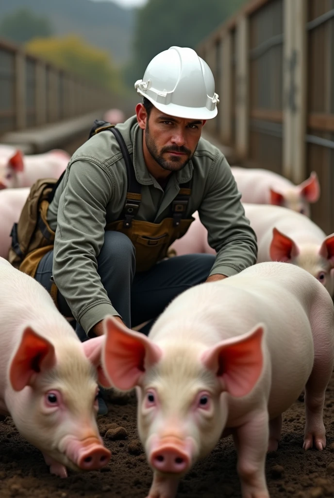 Engineer with white helmet raising pigs realistic
