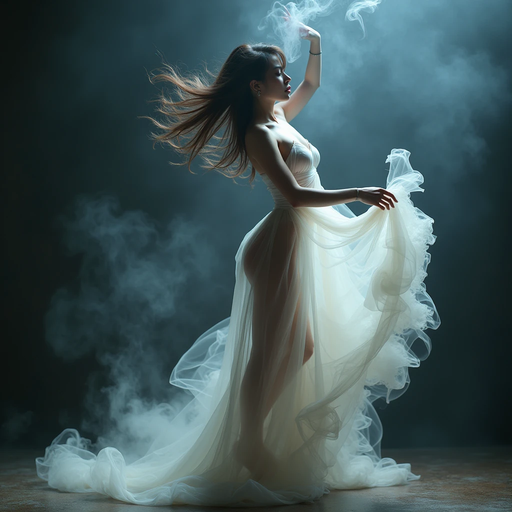 A painting of an Eastern woman made of smoke,dance, Sweaty body stockings,Beautiful posture,Art Photography