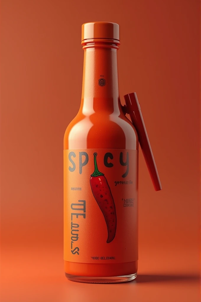 Could you show me a product that is a biodegradable bottle that has a nozzle on the right side where the sauce can come out that has the word spicy on it and highlights the chili because it is going to be a key product of this product?