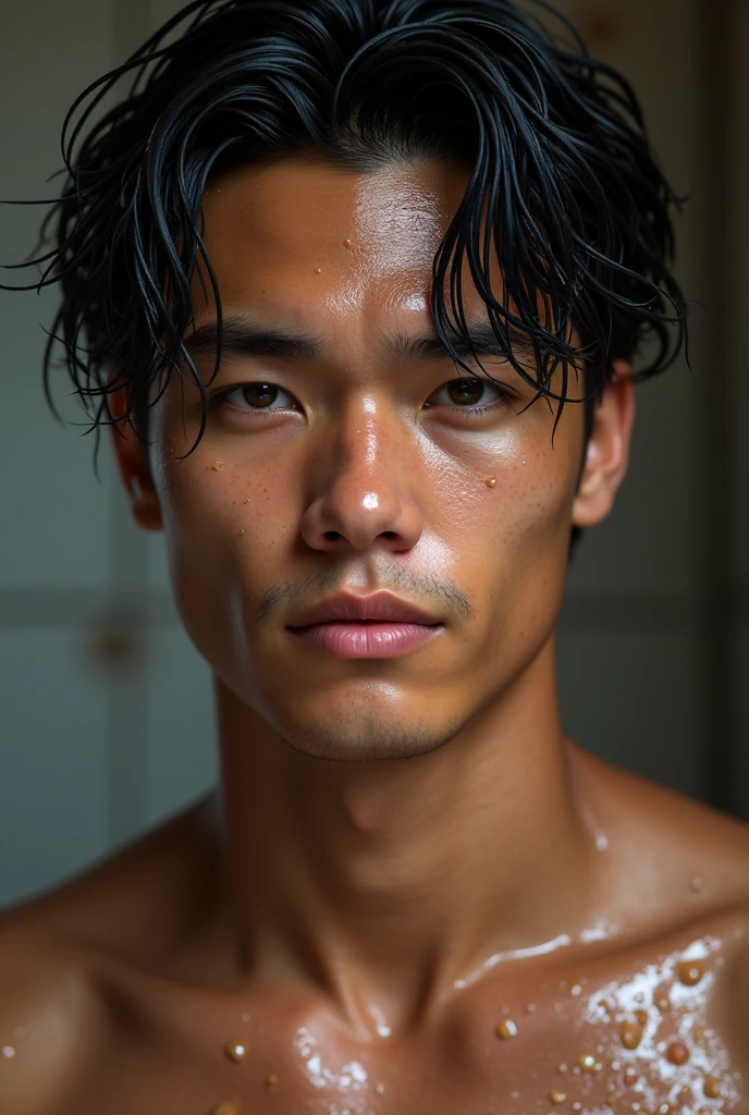 Create a hyperrealistic portrait of a young, handsome college boy with wet hair, water droplets clinging to his face and neck. His skin glistens with moisture, highlighting his sharp jawline and defined facial features. His expression is intense, with every detail—such as individual strands of wet hair, pores, and tiny water droplets—rendered with extreme realism. The background is softly blurred, ensuring all attention is on the intricate details of his face and the way the water interacts with his skin. The lighting subtly accentuates the wetness, giving the image a dynamic and lifelike feel."