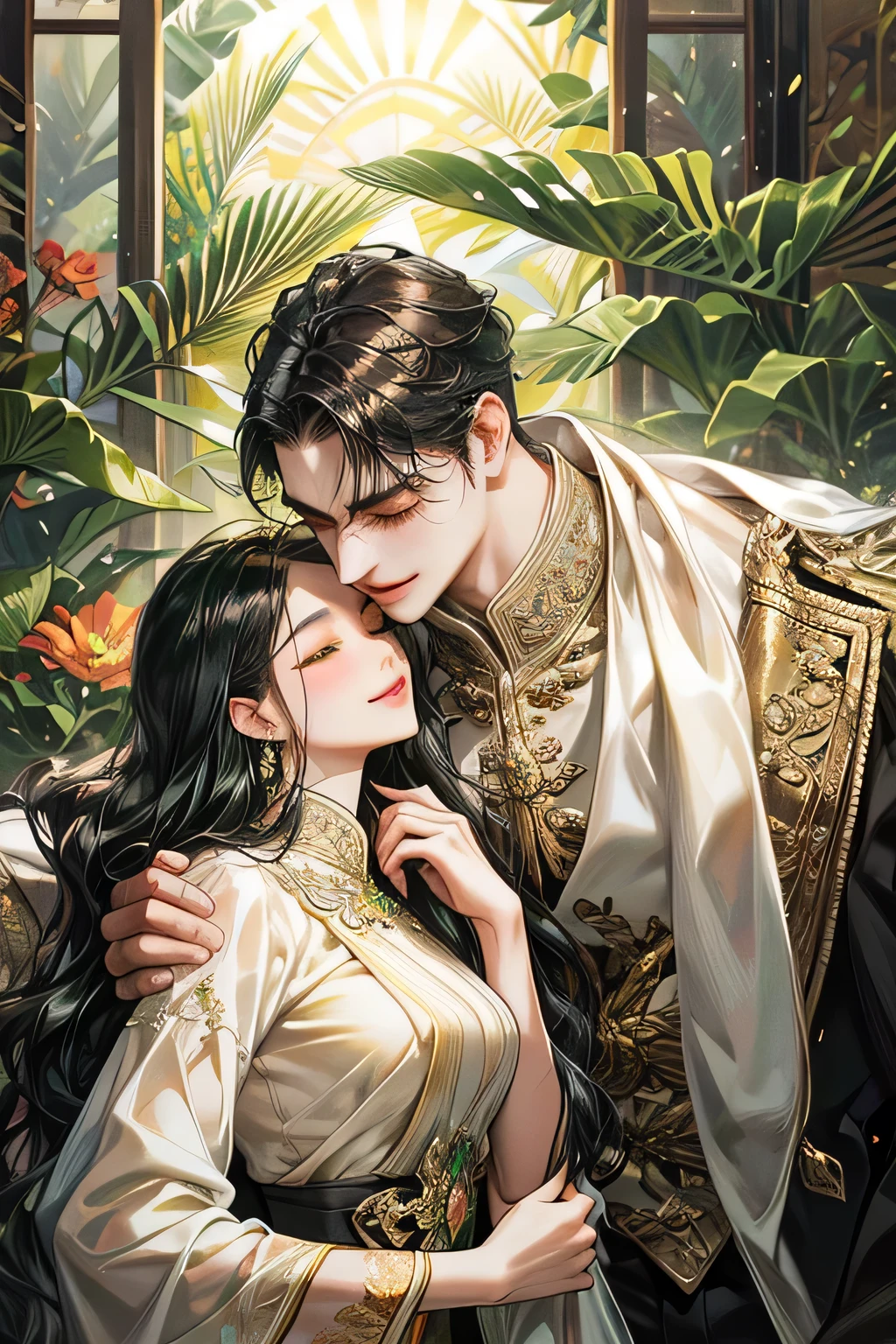 couple, javanese style, white black suit, smile and charming, quiet but gentle, light green eyes, royal forest garden, dark black wavy hair, flower bloom, kissing, under the sun, kebaya, indonesia temple, javanese style, (tall and big body but masculine male, swept side dar black hair), (smile and closing eyes black wavy hair female), masterpiece, detailed body, accurate