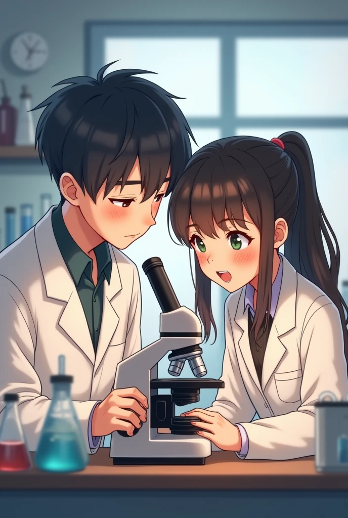 Give me a picture of a boy helping a girl using their microscope and wearing their lab coat cute picture highschool students make it look like teens make the hair of a boy like korean hair 2 by 2 they look like kids make it kinda older 20 yrs old not anime