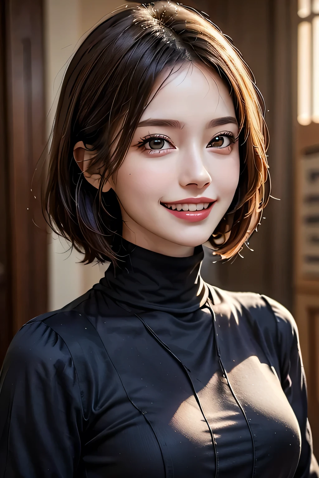 ((masterpiece)), ((Highest quality)), ((Complex)), ((Surreal)), (Realistic), (Mature Woman), ((No classes)), Very detailed, (1 female), Beautiful and exquisite, (Beautiful Teeth), Grin, Brunette bob hair, Brown eyes, ((Blue turtleneck)), (Upper Body), (background:none), Perfect Eyes, Captivating eyes, Looking at the audience