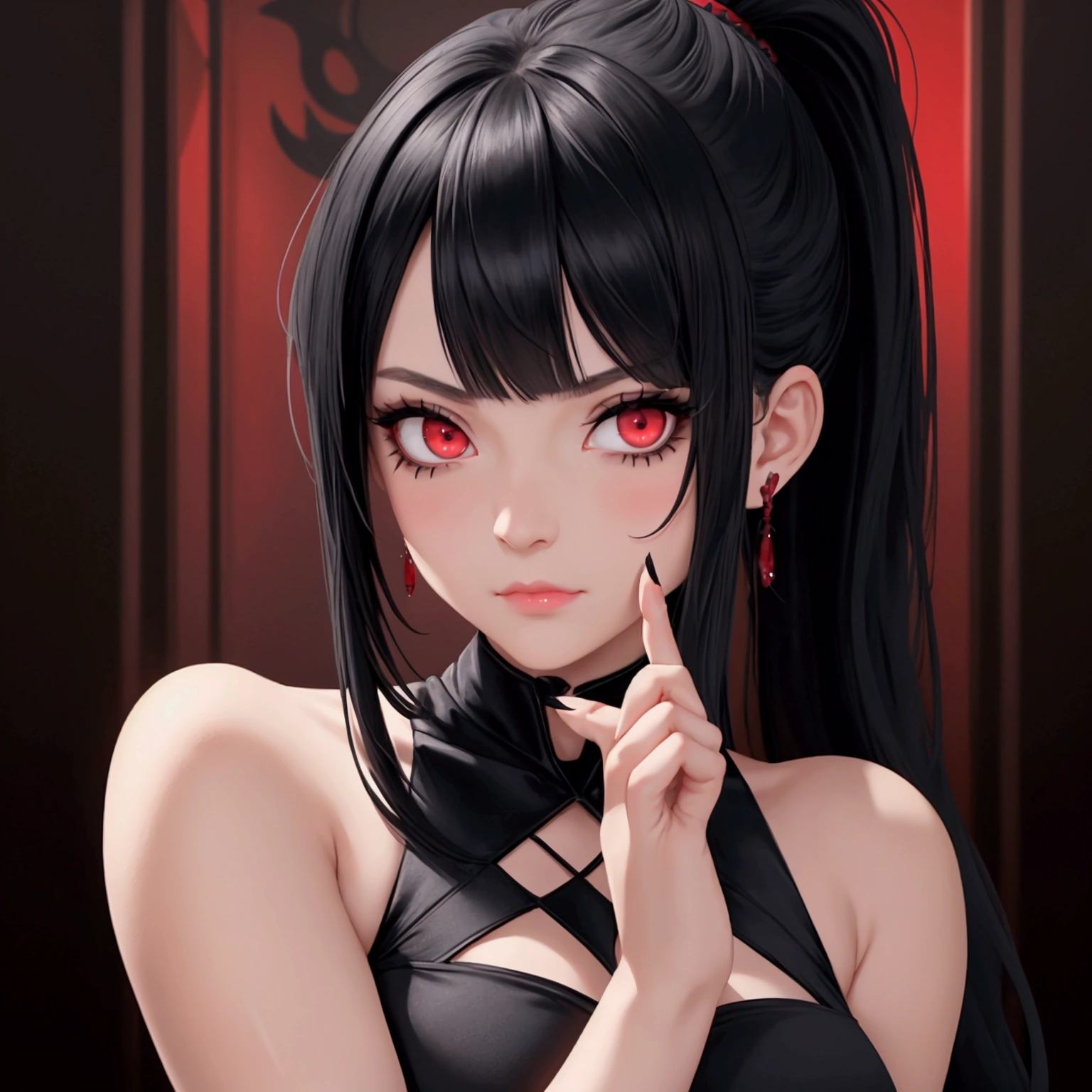 beautiful girl, black hair, bangs and long ponytail, natural red eyes, heavily outlined gothic style eyes, high detail, pose of the index finger on the cheek, she looks expressively at the camera in a close-up detailing her beautiful face , cinematographic lighting, 8k, masterpiece