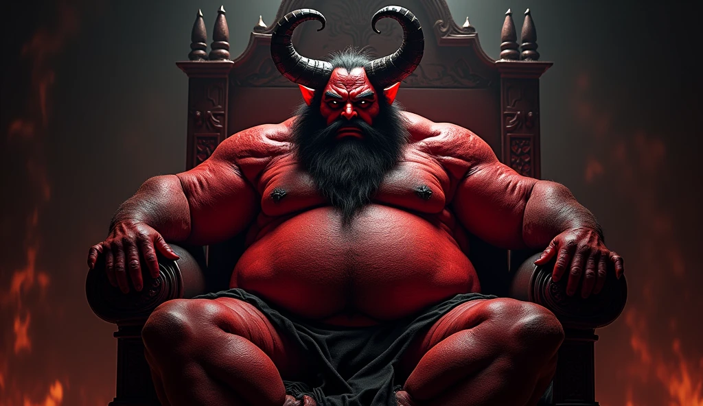 satan on his ruling throne, red skin, chubby, hairy, high resolution, ultra-detailed, sharp focus, detailed eyes, symmetrical eyes, expressive eyes, clear pupils, vibrant eyes, focused gaze , king's expression is intimidating with a sense of authority, solo, masterpiece, best quality, male, mature, manly, nipples, photorealistic, 8k, (wide dynamic range, hdr:1.2), sitting, (night:1.2), light, looking at viewer, pose, micro slipe with large bulge in the middle,full body, spread legs, shadow, leaning back, hell, very short fur, Close-up of hands forming the devil horns gesture, with the index and pinky fingers raised, the other fingers folded down, fingers slightly curved, dark and gothic setting, detailed skin texture, subtle shadows enhancing the gesture, high contrast lighting, feet