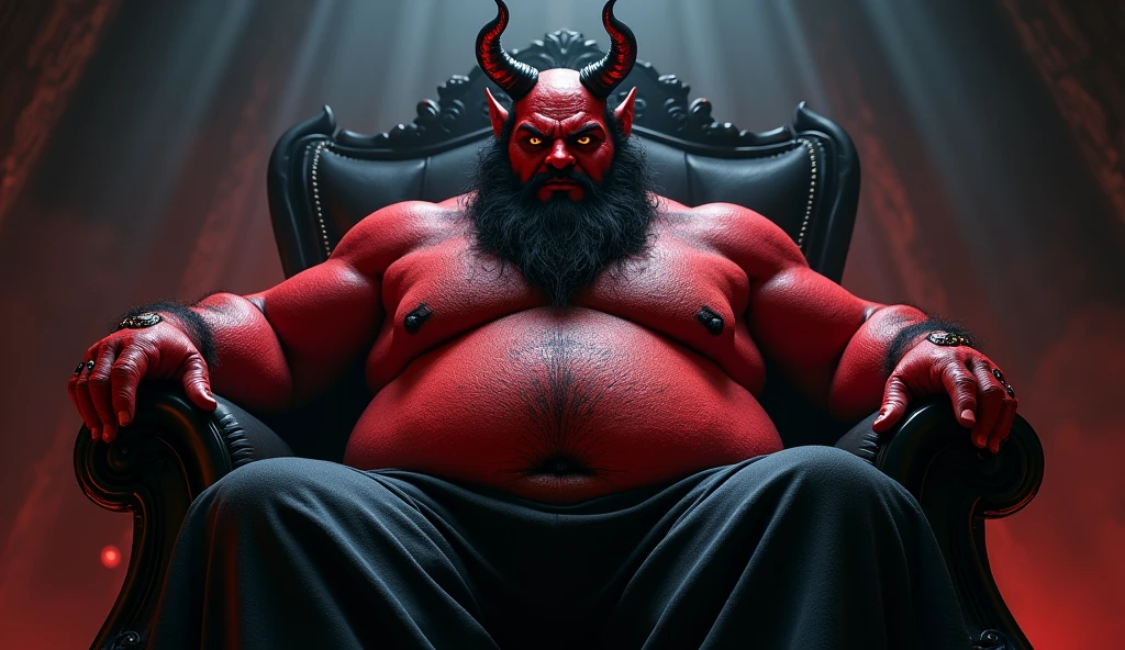 satan on his ruling throne, red skin, chubby, hairy, high resolution, ultra-detailed, sharp focus, detailed eyes, symmetrical eyes, expressive eyes, clear pupils, vibrant eyes, focused gaze , king's expression is intimidating with a sense of authority, solo, masterpiece, best quality, male, mature, manly, nipples, photorealistic, 8k, (wide dynamic range, hdr:1.2), sitting, (night:1.2), light, looking at viewer, pose, micro slipe with large bulge in the middle,full body, spread legs, shadow, leaning back, hell, very short fur, Close-up of hands forming the devil horns gesture, with the index and pinky fingers raised, the other fingers folded down, fingers slightly curved, dark and gothic setting, detailed skin texture, subtle shadows enhancing the gesture, high contrast lighting, feet