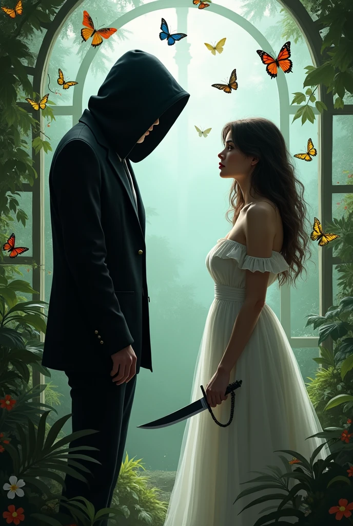 Create an image with two boys inside a butterfly house. The boy has a black suit, He has his face covered and is holding the door. The girl is wearing a white nightgown and butterflies are flying around her both. more realistic. The boy and the girl are adults and they are facing each other but they are separated and the boy is wearing a black suit covered from head to toe. More separated. The girl has a dagger in her hand. El chico es blanco y tiene tapada la cara More separated la chica con el cabello suelto. Let the girl grab the dagger. More separated. MORE BUTTERFLIES. THE GIRL IS WITHOUT SHOES AND THE BOY HAS HIS FACE COVERED WITH A. Hood the boy's suit more fitted to the body