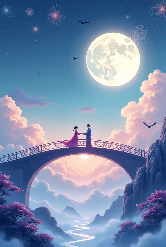 1 Chinese Valentine's Day poster design pattern, light tones, blue and purple, dream scene, warm color,The arch bridge of clouds，:: Weaver Girl and Cowherd Meet on the bridge，huge moon, fireworks, starry sky, magpiestriangular composition, rich details, top view, longshot，Chinese traditional painting，jade，lanscape，auspicious，light backgroud,best quality, pastel,soft light,4K, Plants