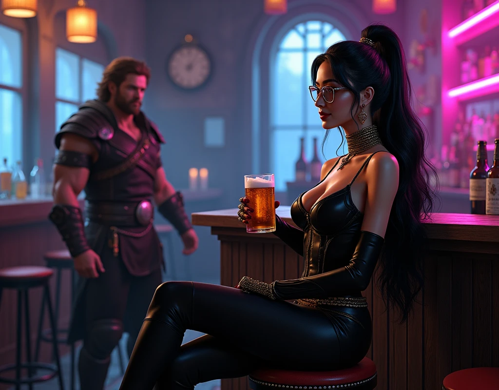 (photorealism:1.2), Generate an image of a tall, slender woman with long black hair styled in a sophisticated updo, she uses a delicate and elegant glasess. She is dressed in a sleek, tight-fitting black outfit with gold and red details, exuding power and mystery. She sits at the bar with one leg crossed over the other, holding a beer mug in one hand. Her expression is relaxed and carefree, with a subtle smile that reflects her confidence. The bar has a bohemian, modern vibe with dim lighting, neon lights in shades of blue and purple, and dark wooden furniture adding warmth to the space. In the distance, a strong, determined man with brown hair is observing her from a corner of the bar, dressed in a warrior's outfit. His gaze is intense and focused, as if he is assessing the situation or waiting for the right moment to approach