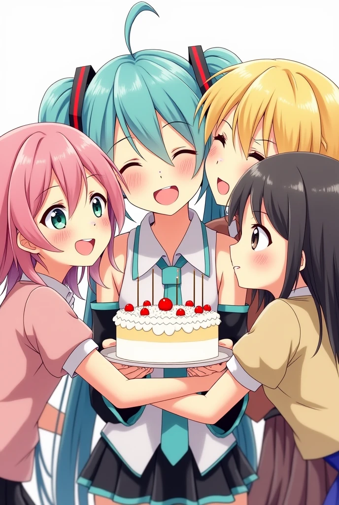 hatsune miku, Kagamine Len, Kagamine Rin, Kaito, meiko, Megurine Luka, all together hugging hatsune miku, Miku holding a birthday cake, everyone happy, party,Masterpiece artwork, anatomically correcte, best qualityer, best qualityer, High details, best qualityer, precise, high resolution, simple background, sheen, アニメ, anime styling, illustration,