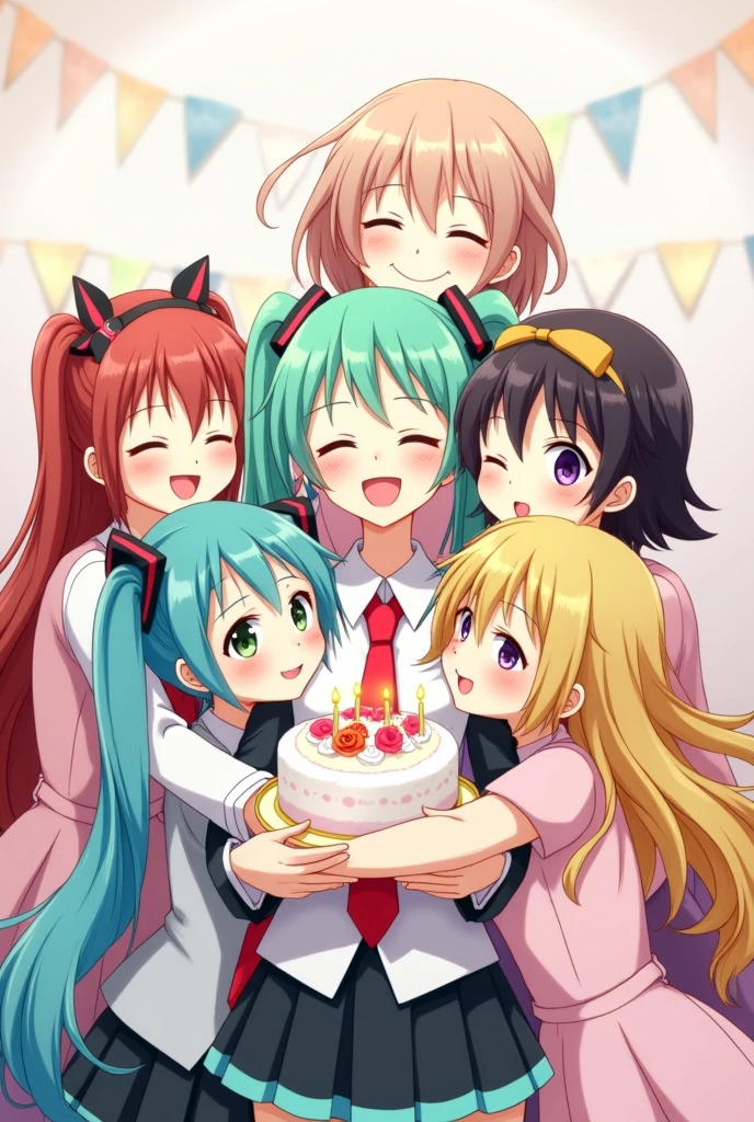 hatsune miku, Kagamine Len, Kagamine Rin, Kaito, meiko, Megurine Luka, all together hugging hatsune miku, Miku holding a birthday cake, everyone happy, party,Masterpiece artwork, anatomically correcte, best qualityer, best qualityer, High details, best qualityer, precise, high resolution, simple background, sheen, アニメ, anime styling, illustration,