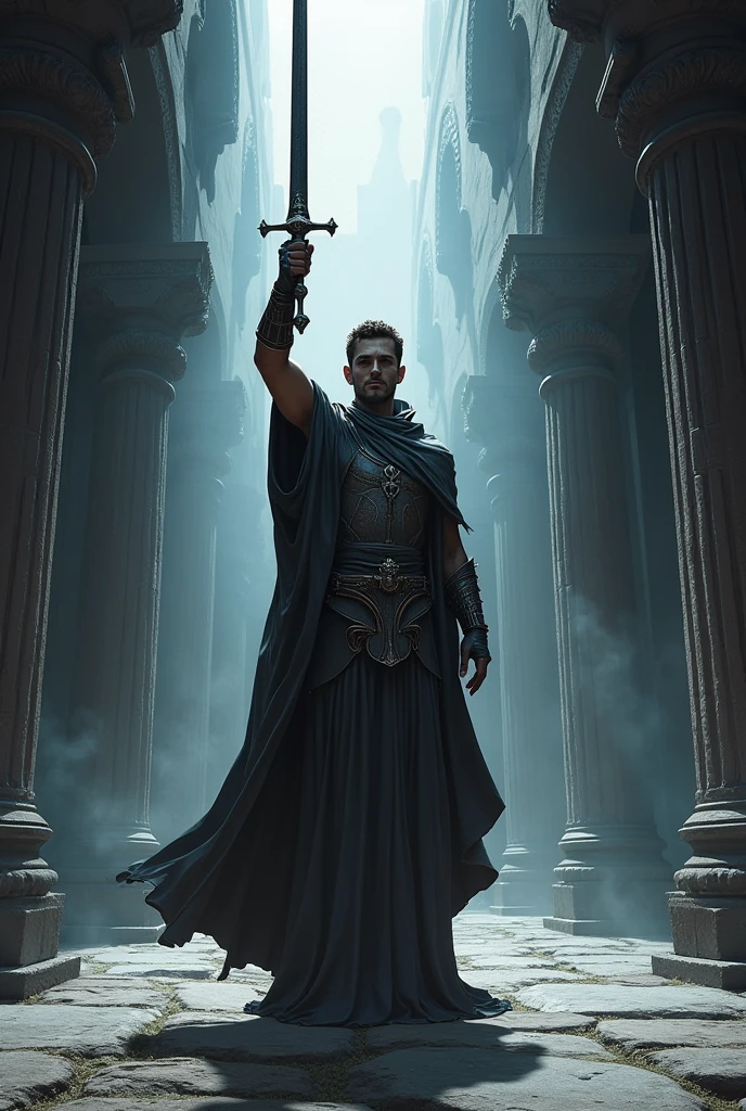 a paladin holding a sword, detailed line art, no armor, cinematic lighting, dramatic pose, epic fantasy, intricate details, high contrast, stark shadows, moody atmosphere