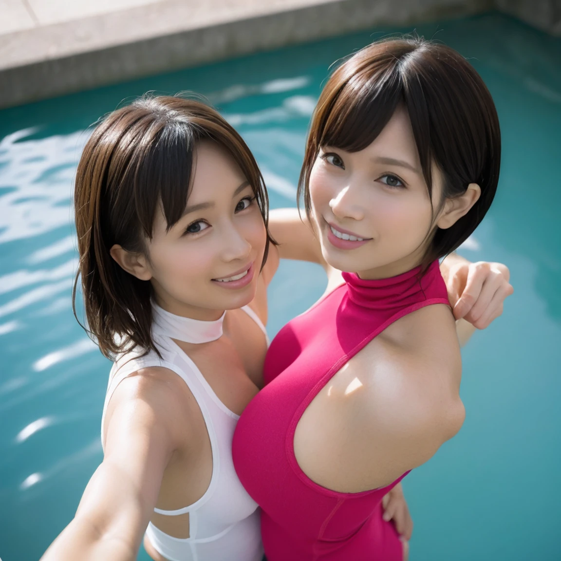 Japanese Girls、Licking fingers、((your breasts will grow、))Black Hair、(See through)、your breasts will grow(Face with open mouth)Background Outdoor pool、(My body is soaked..5)、Wavy hair and super short bob hair、Realistically、(Two girls hugging each other, your breasts will grow胸の膨らみを強調する)((Gross 5.5))(She is wearing a sleeveless red turtleneck swimsuit.)，，Accentuate your cleavage，Looking up from below，blush，moist pink lips，sexy，Own，Please smile、Place your arms behind your head、