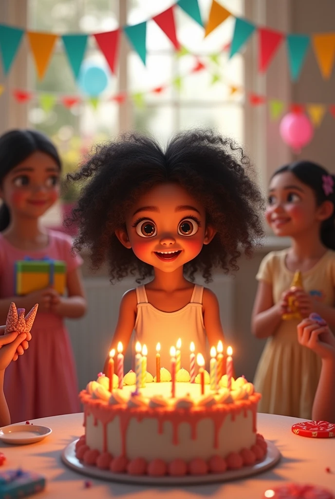 A girl with black curly hair and light skin color at a birthday party
