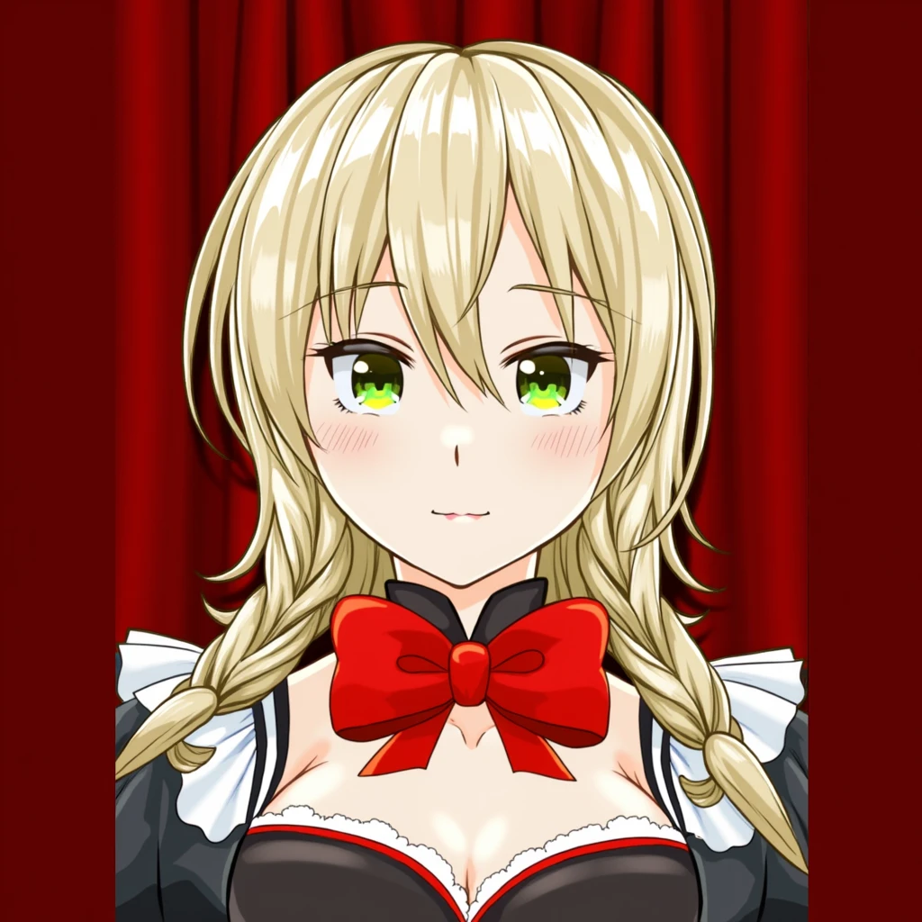 A dignified and cute Japanese blonde girl, Emerald-like eyes, She's cute and I want to marry her, Her boobs are huge
