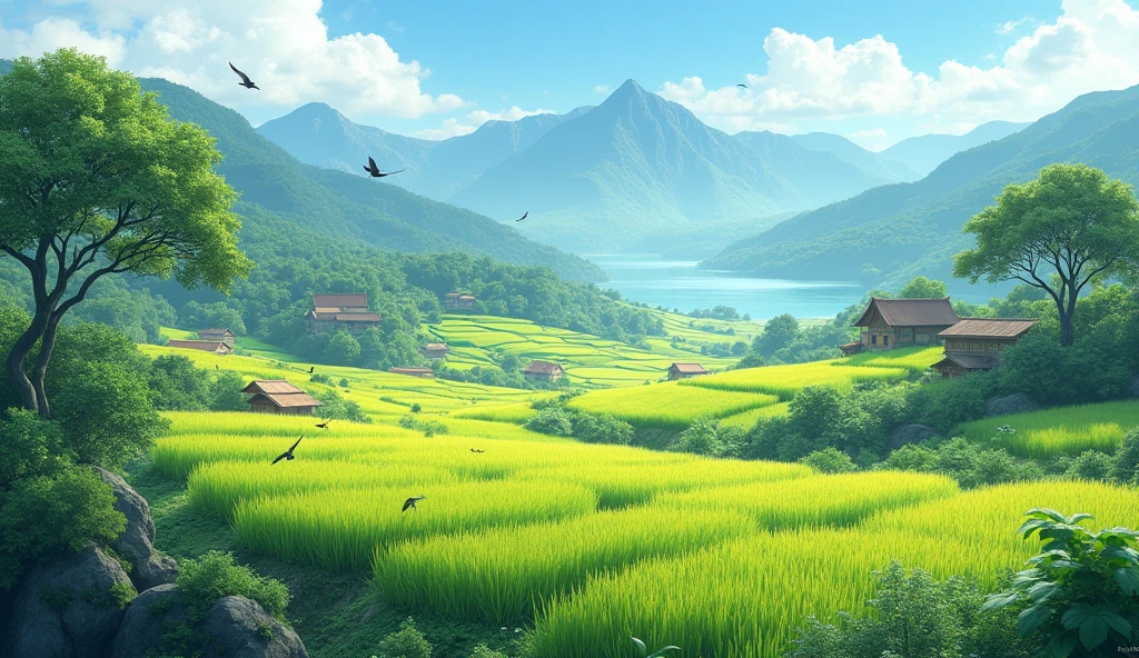 Natural scenery, beautiful rice fields, farmer's houses in the rice fields, mountain lakes and trees where birds perch