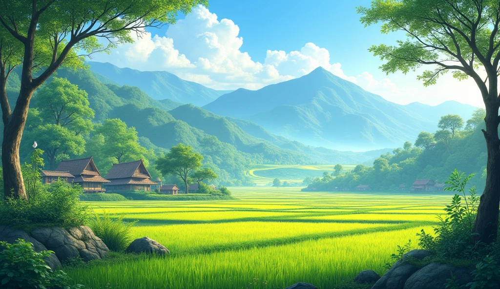 Natural scenery, beautiful rice fields, farmer's houses in the rice fields, mountain lakes and trees where birds perch