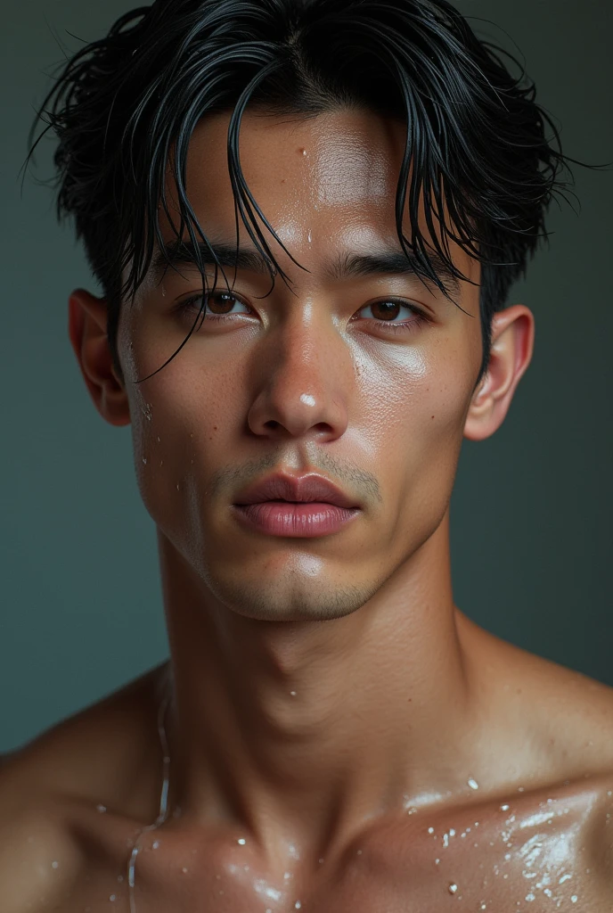 Create a hyperrealistic portrait of a young, handsome guy with wet hair, water droplets clinging to his face and neck. His skin glistens with moisture, highlighting his sharp jawline and defined facial features. His expression is intense, with every detail—such as individual strands of wet hair, pores, and tiny water droplets—rendered with extreme realism. The background is softly blurred, ensuring all attention is on the intricate details of his face and the way the water interacts with his skin. The lighting subtly accentuates the wetness, giving the image a dynamic and lifelike feel."