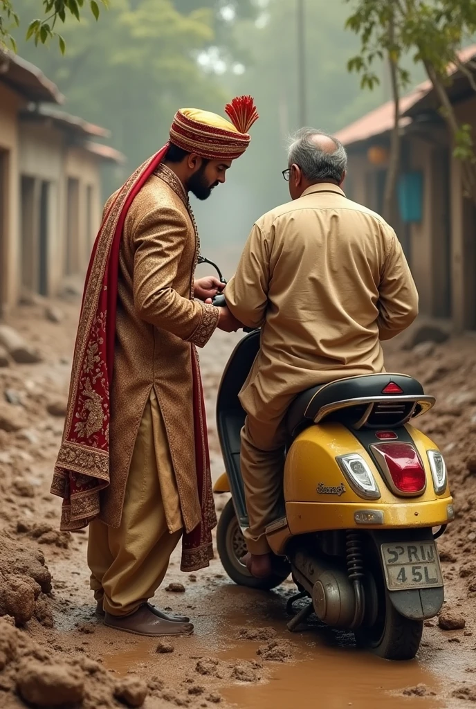 Ek uncle hai jinka scooter kichad mein fas Gaya hai unki help ladka Karta hai jisne shaadi ki sherwani pahani hai aur shehra lagaya hua hai back image