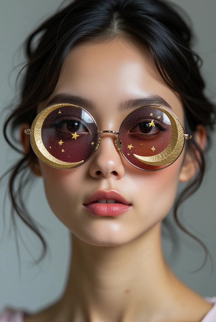 The model is wearing glass sunglasses with stars and the moon on the glass