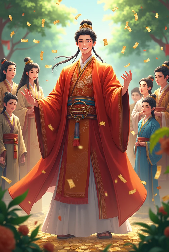 Chinese anime boy, a young man with a clear face and a playful style, wearing ancient Chinese clothing like a fairy. He is the head of a great sect and is rich in money. He stands in front and his disciples surround him. Many of his disciples also wear ancient Chinese clothing in different colors. Colorful, looks rich in money. Spirit grass and valuable alchemy ingredients. Money overflowing. Young boy, ager young