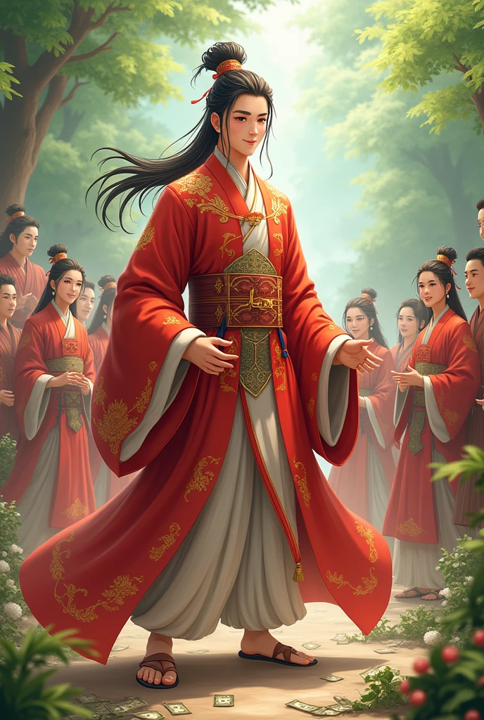 Chinese anime boy, a young man with a clear face and a playful style, wearing ancient Chinese clothing like a fairy. He is the head of a great sect and is rich in money. He stands in front and his disciples surround him. Many of his disciples also wear ancient Chinese clothing in different colors. Colorful, looks rich in money. Spirit grass and valuable alchemy ingredients. Money overflowing. Young boy, teenager young