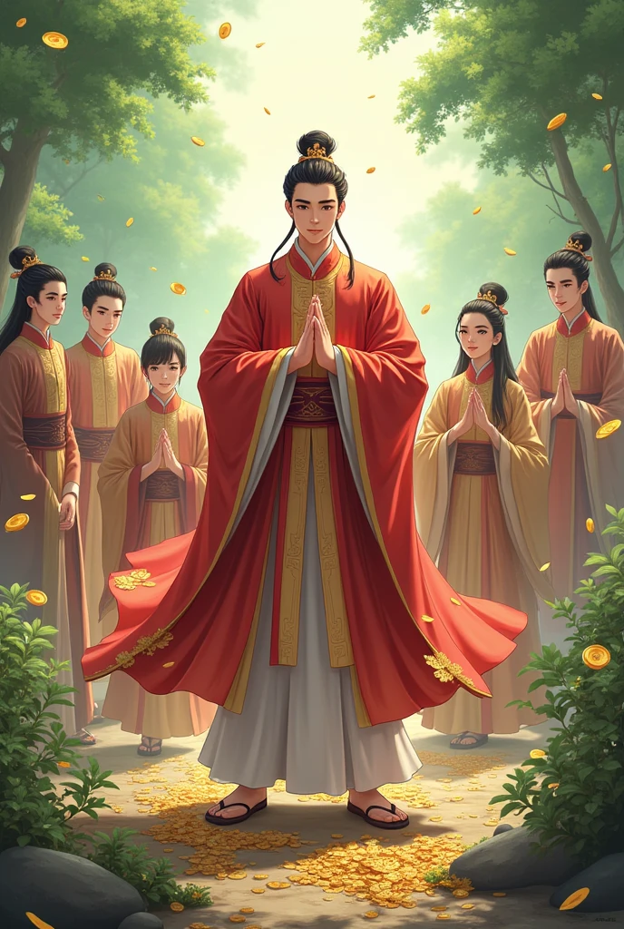 Chinese anime boy, a young man with a clear face and a playful style, wearing ancient Chinese clothing like a fairy. He is the head of a great sect and is rich in money. He stands in front and his disciples surround him. Many of his disciples also wear ancient Chinese clothing in different colors. Colorful, looks rich in money. Spirit grass and valuable alchemy ingredients. Money overflowing. Young boy, teenager young