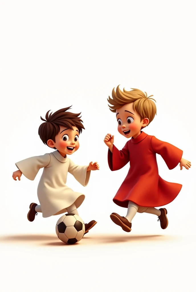 two altar boys in white lace tunics and a red tunic underneath, playing soccer on a white background, soccer ball, disney drawing type