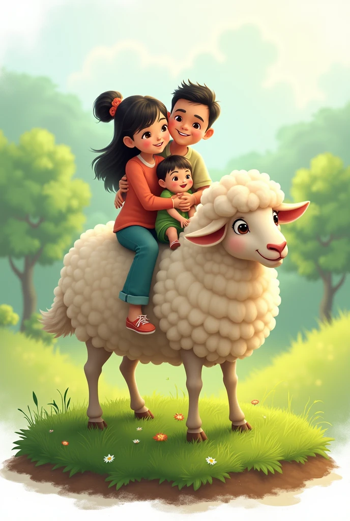 Parents and baby riding a sheep. Shades of green. transparent background. The sheep is standing on a circle of grass and there is soil underneath it.. Photo of parents and baby Indonesian race. original human