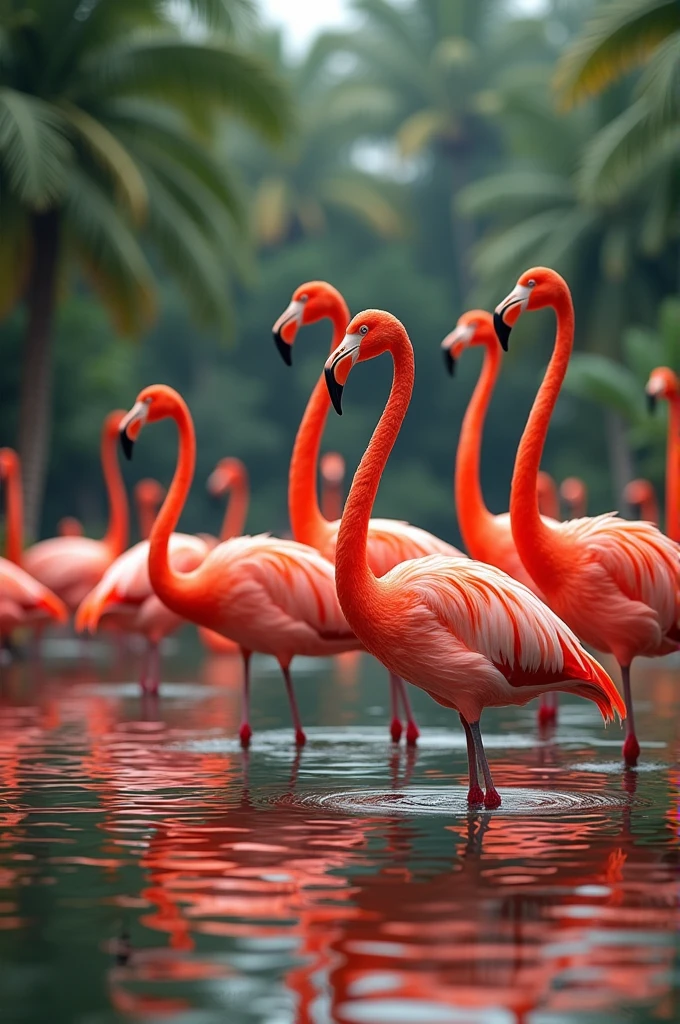 Flock of flamingos with their necks stretched upwards