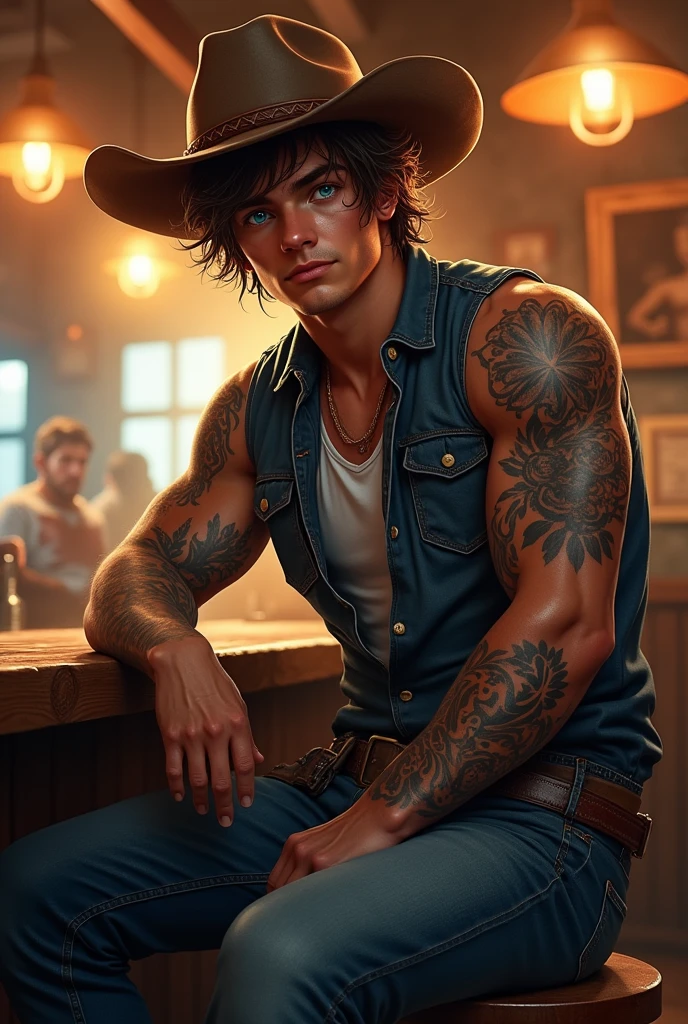 An 18-year-old boy bodybuilder, embodying the perfect fusion of Joey Lawrence and Cody Calafiore with long hair, exuding an aura of strength and confidence. Enhanced with HDR technology, this image depicts a true masterpiece, 4K resolution, flawless anatomy, 1950's roadhouse bar, night photography, neon